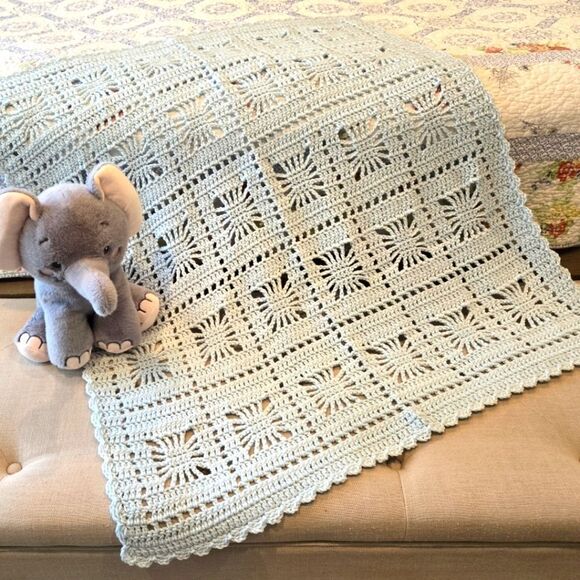 NEW ICE BLUE BABY BLANKET HAND-CROCHETED BY SELLER 37 X 35 INCHES - Picture 1 of 5